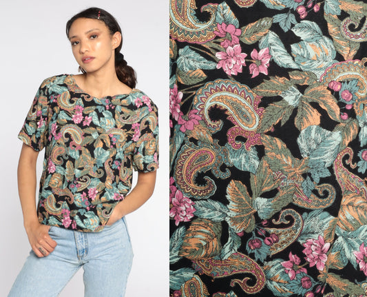 90s Paisley Floral Blouse Black Polyester Short Sleeve Medium