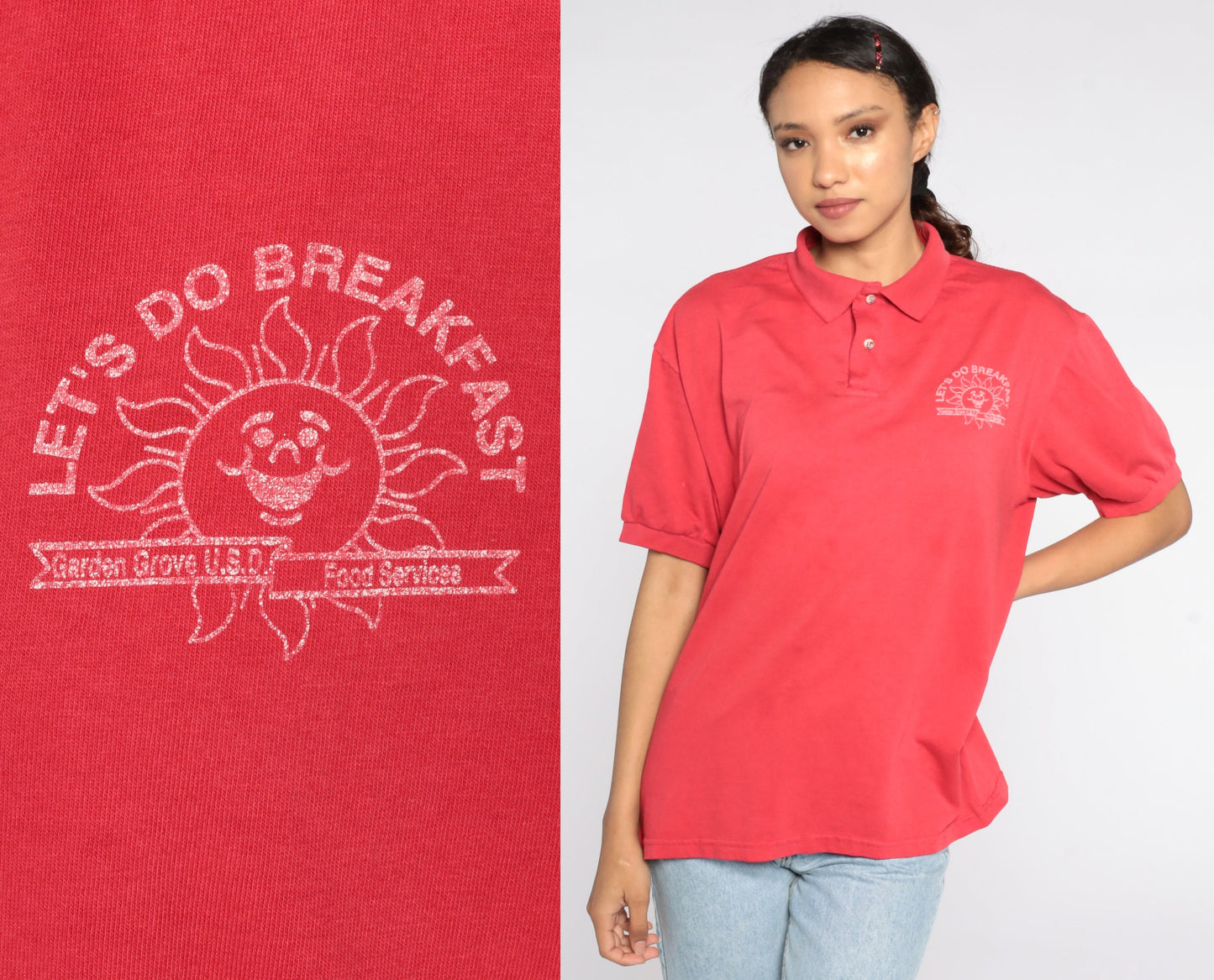 80s Garden Grove USD Food Services Polo Shirt Red Half Button Large