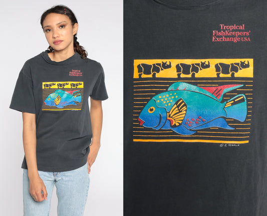 90s Tropical Fishkeepers Exchange Graphic T-Shirt Faded Black Cotton Small