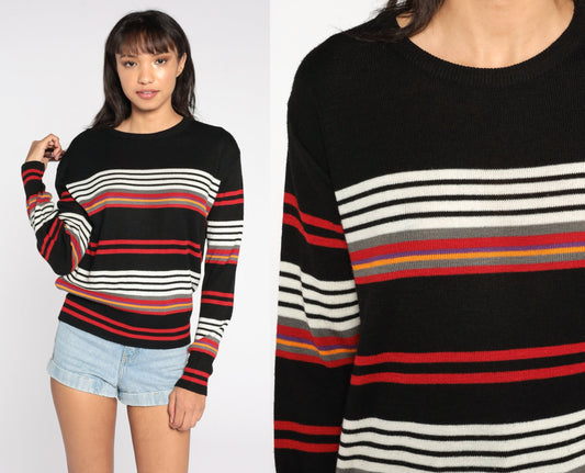 80s Black Striped Knit Sweater Crewneck Pullover Large