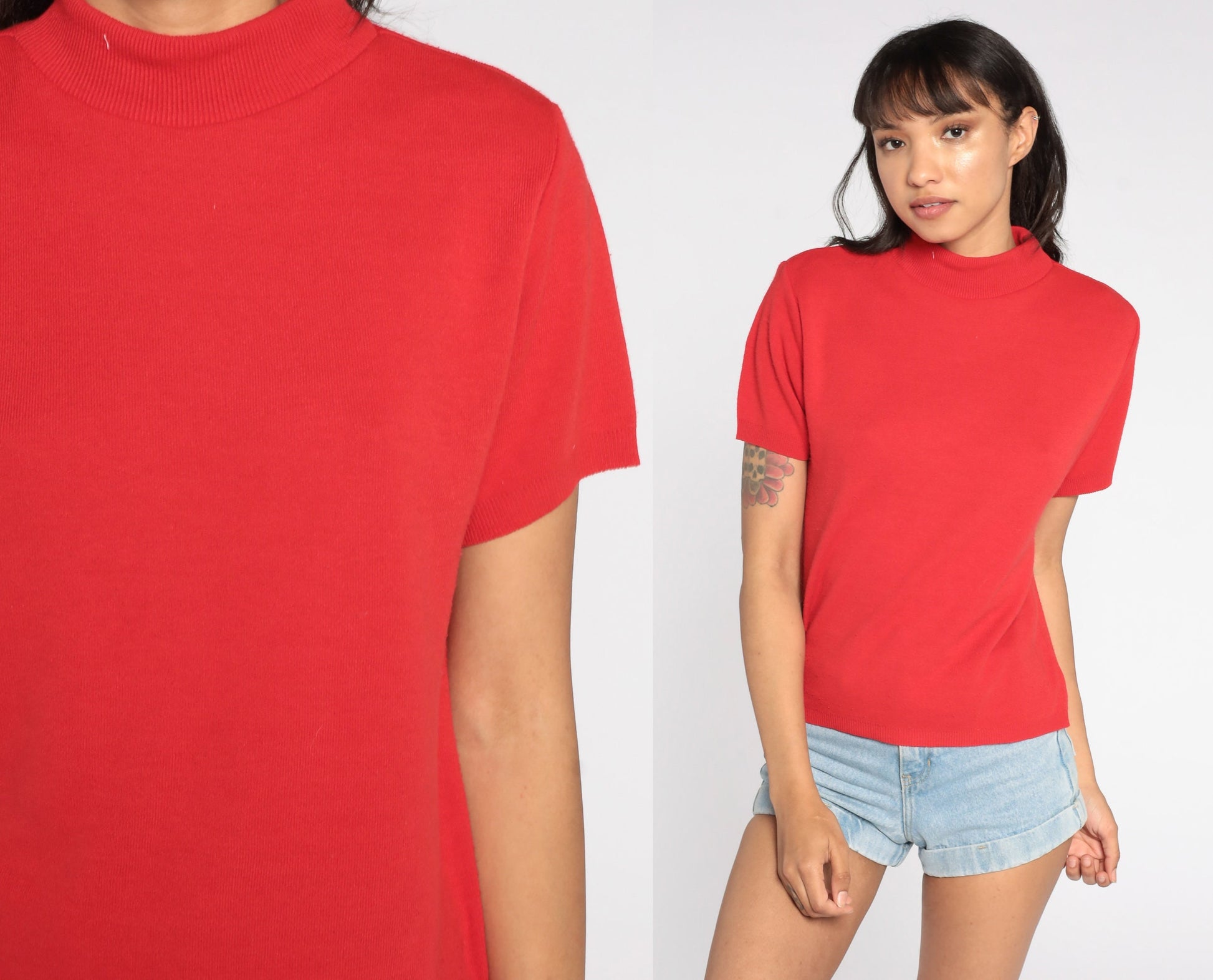80s Red Mock Neck Knit Top Short Sleeve Vintage Sweater Medium