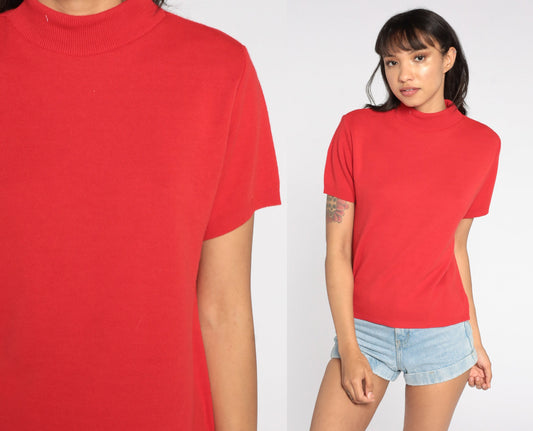 80s Red Mock Neck Knit Top Short Sleeve Vintage Sweater Medium