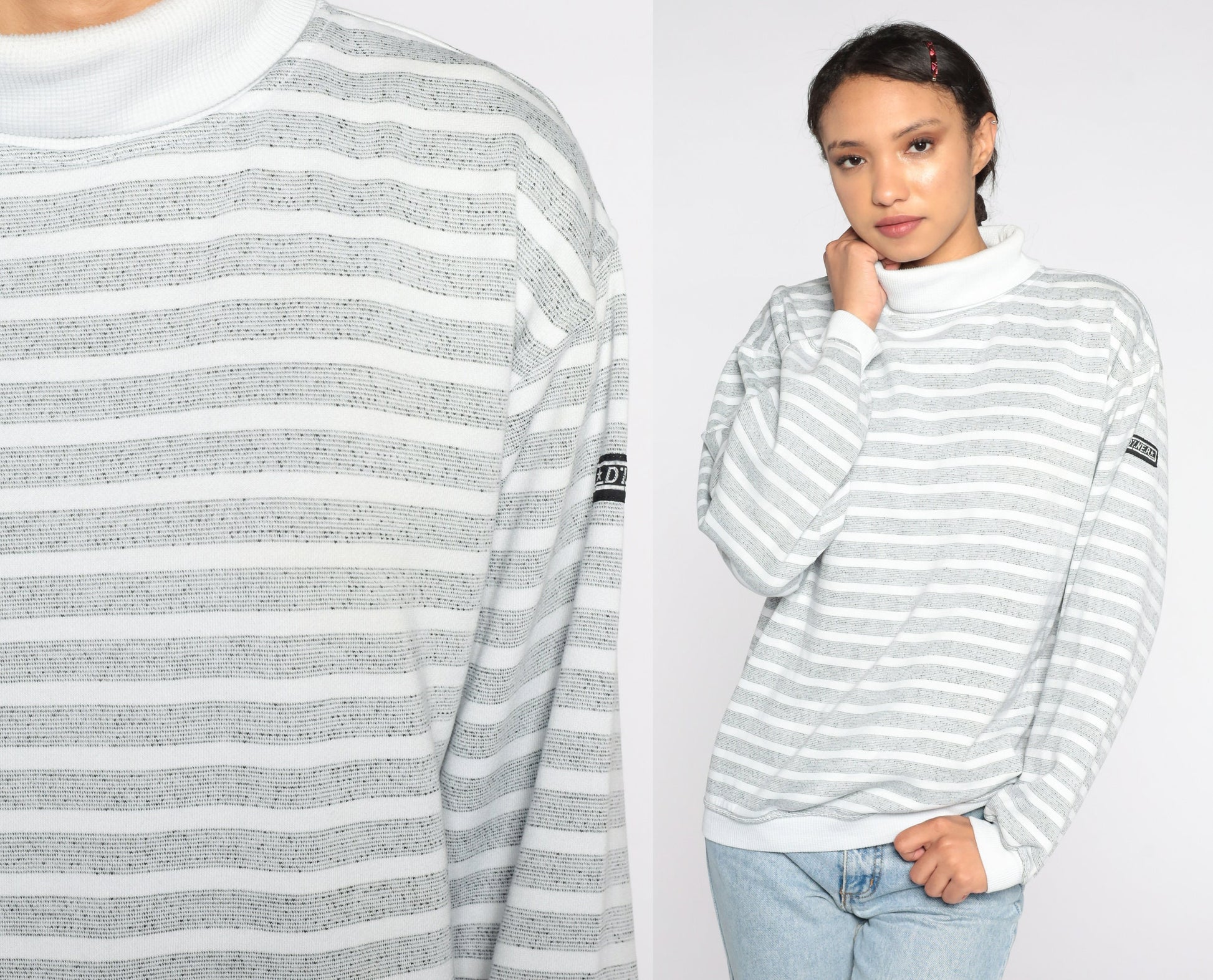 80s Striped Mock Neck Sweatshirt White Grey Pullover Medium