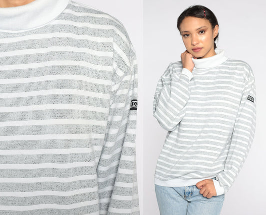 80s Striped Mock Neck Sweatshirt White Grey Pullover Medium