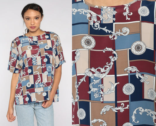 90s Geometric Color Block Blouse Burgundy Blue Polyester Short Sleeve Extra Large