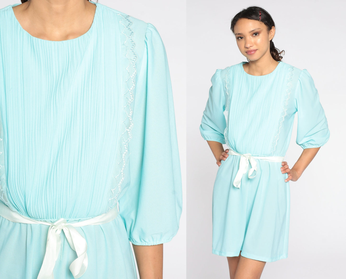 80s Blue Puff Sleeve Mini Dress Pleated High Waist Medium