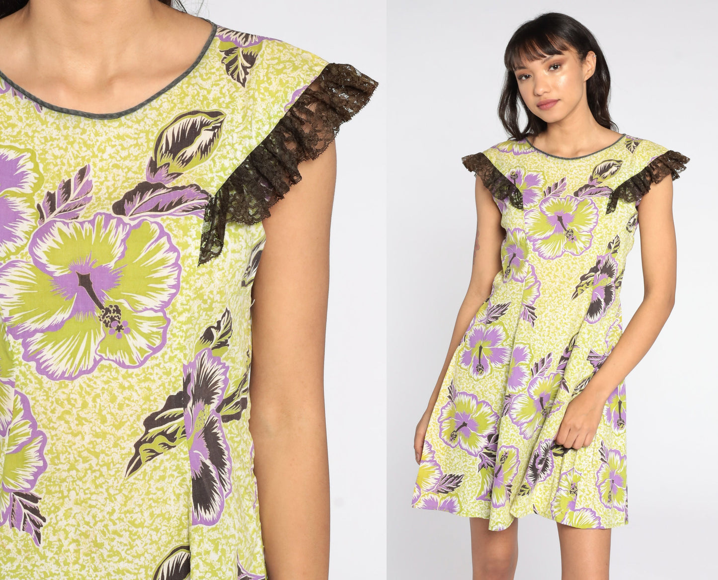 80s Yellow Floral Shift Dress Flutter Sleeve Midi Small
