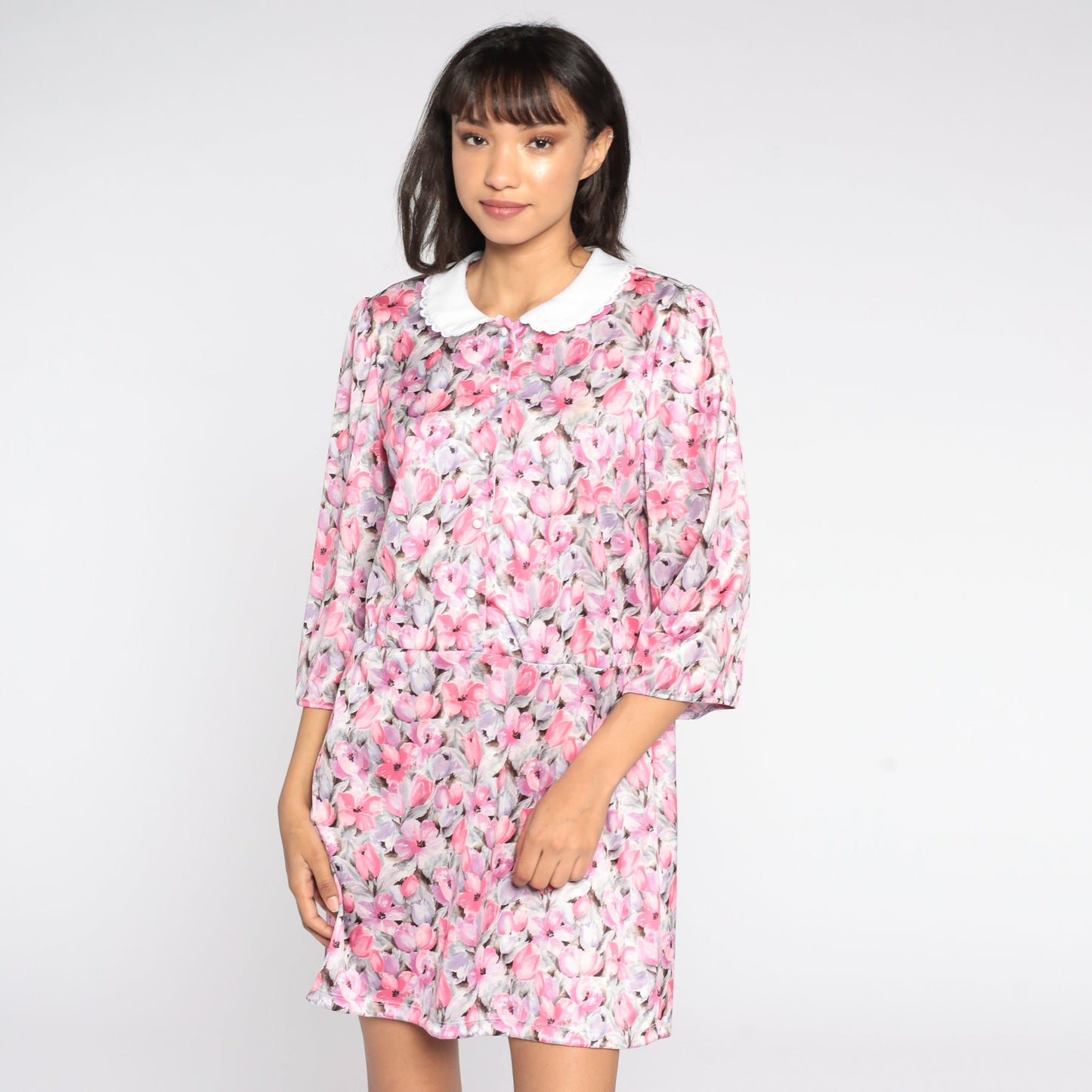 80s Pink Floral Mini Dress Peter Pan Collar Puff Sleeve Button Front Medium Large