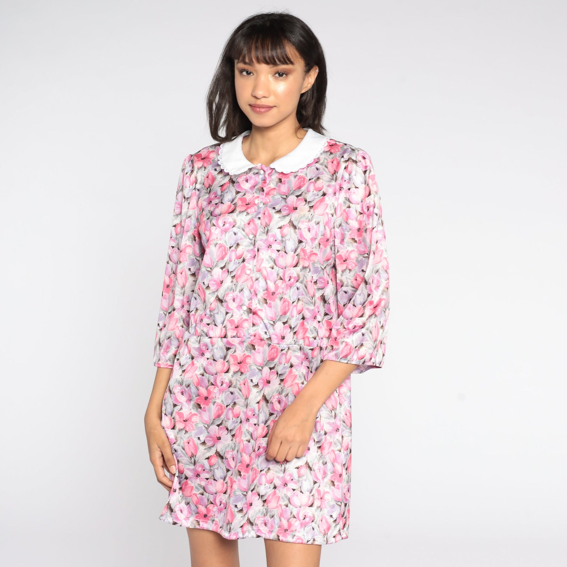 80s Pink Floral Mini Dress Peter Pan Collar Puff Sleeve Button Front Medium Large