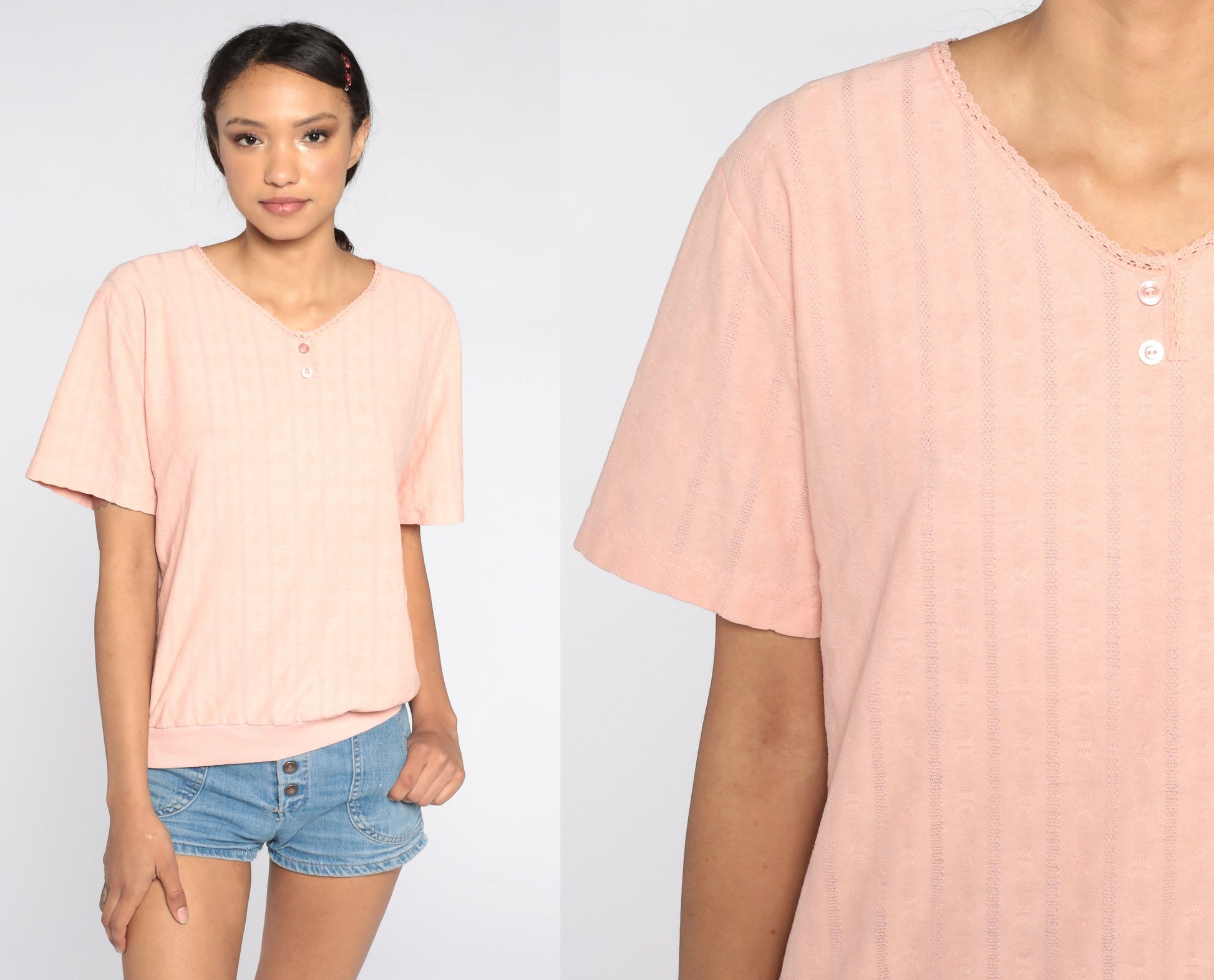 80s Peach Slouchy Shirt Ribbed Banded Hem Short Sleeve Small Medium