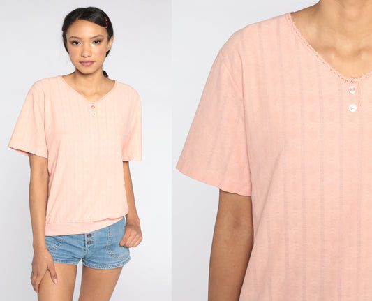 80s Peach Slouchy Shirt Ribbed Banded Hem Short Sleeve Small Medium