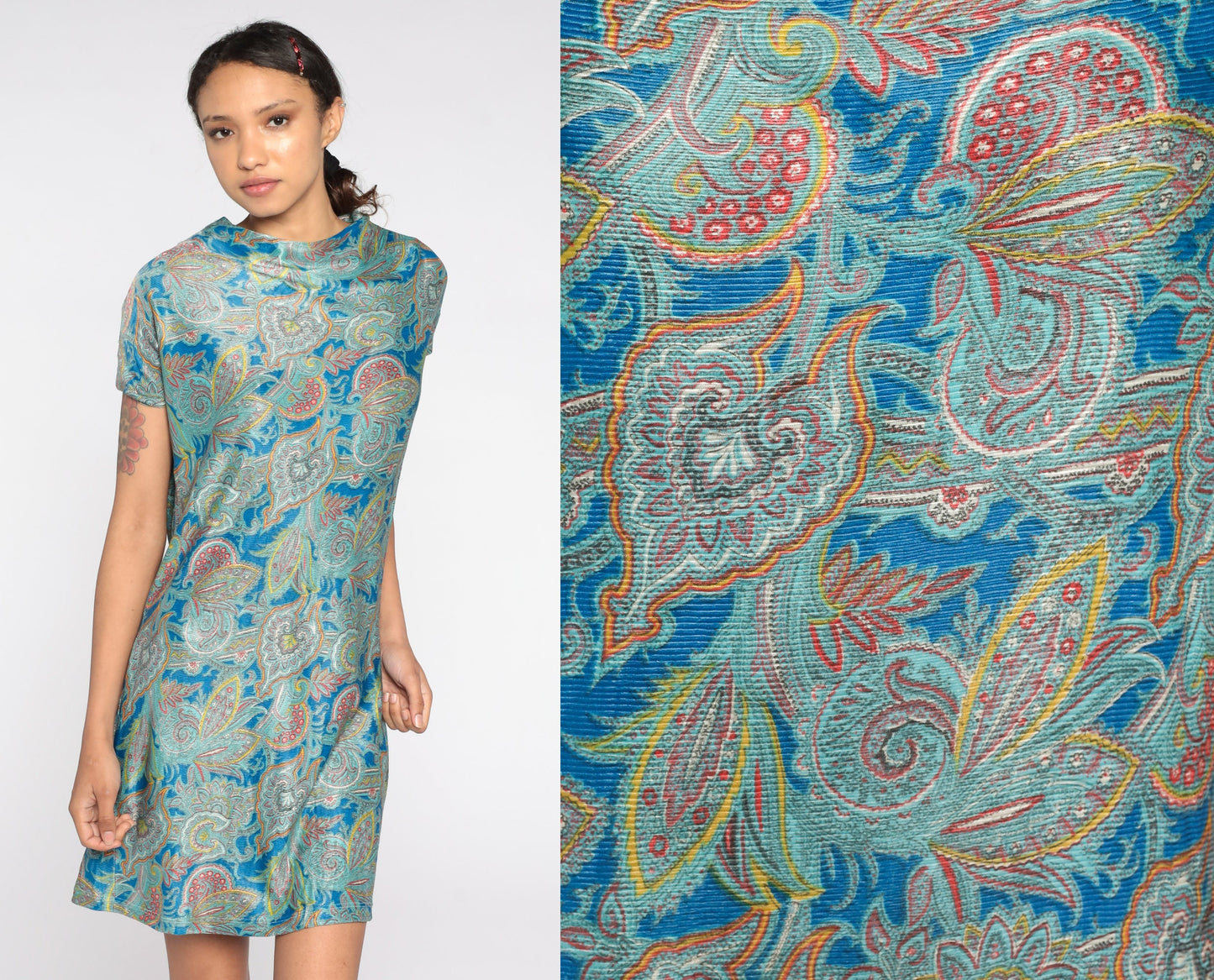 1960s Paisley Psychedelic Mini Shift Dress Blue Cap Sleeve Medium