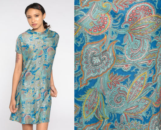 1960s Paisley Psychedelic Mini Shift Dress Blue Cap Sleeve Medium