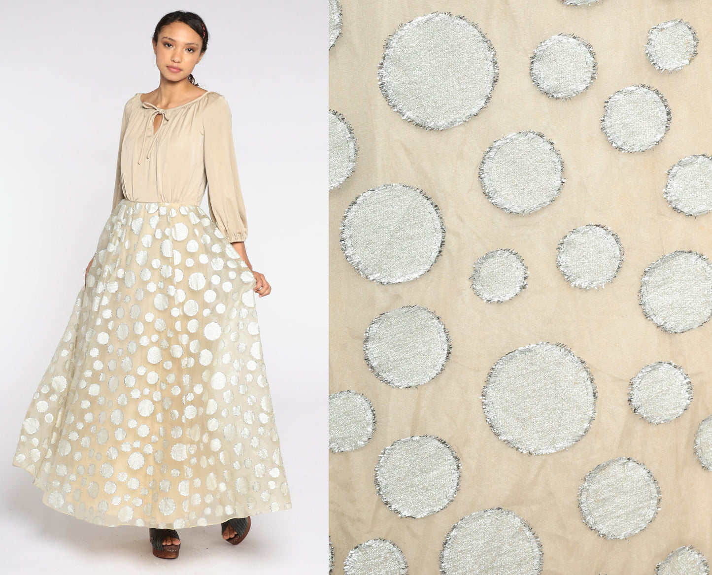 70s Beige Maxi Dress Silver Metallic Circle Skirt Long Sleeve High Waist Small