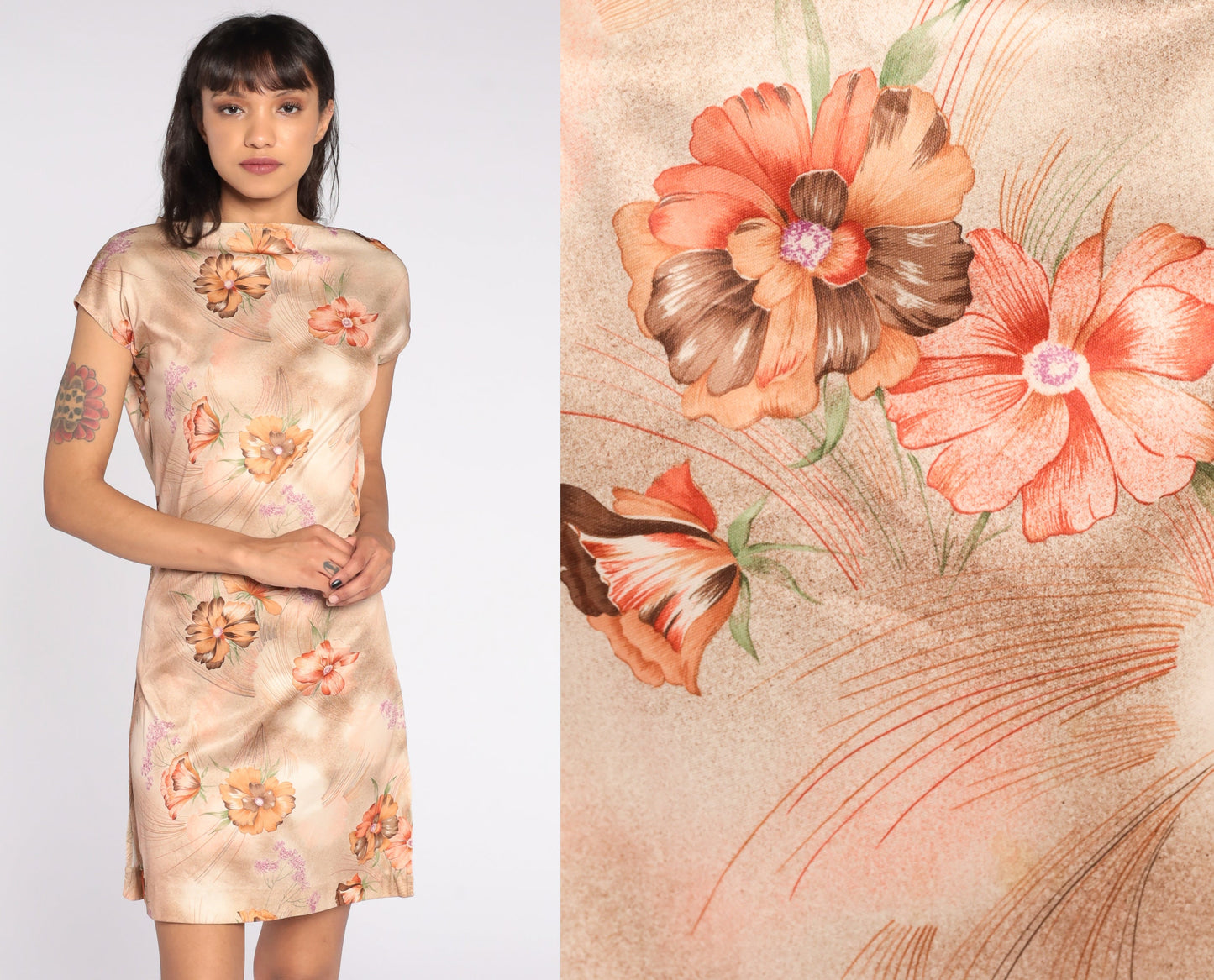 70s Floral Mini Dress Brown Cap Sleeve Sheath Extra Small