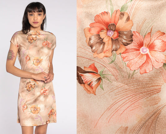 70s Floral Mini Dress Brown Cap Sleeve Sheath Extra Small