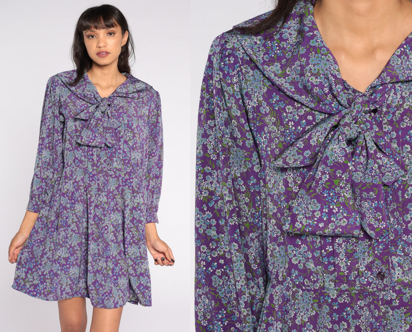 80s Purple Floral Button-Up Mini Dress Ascot Bow Shirtdress High Waist Large