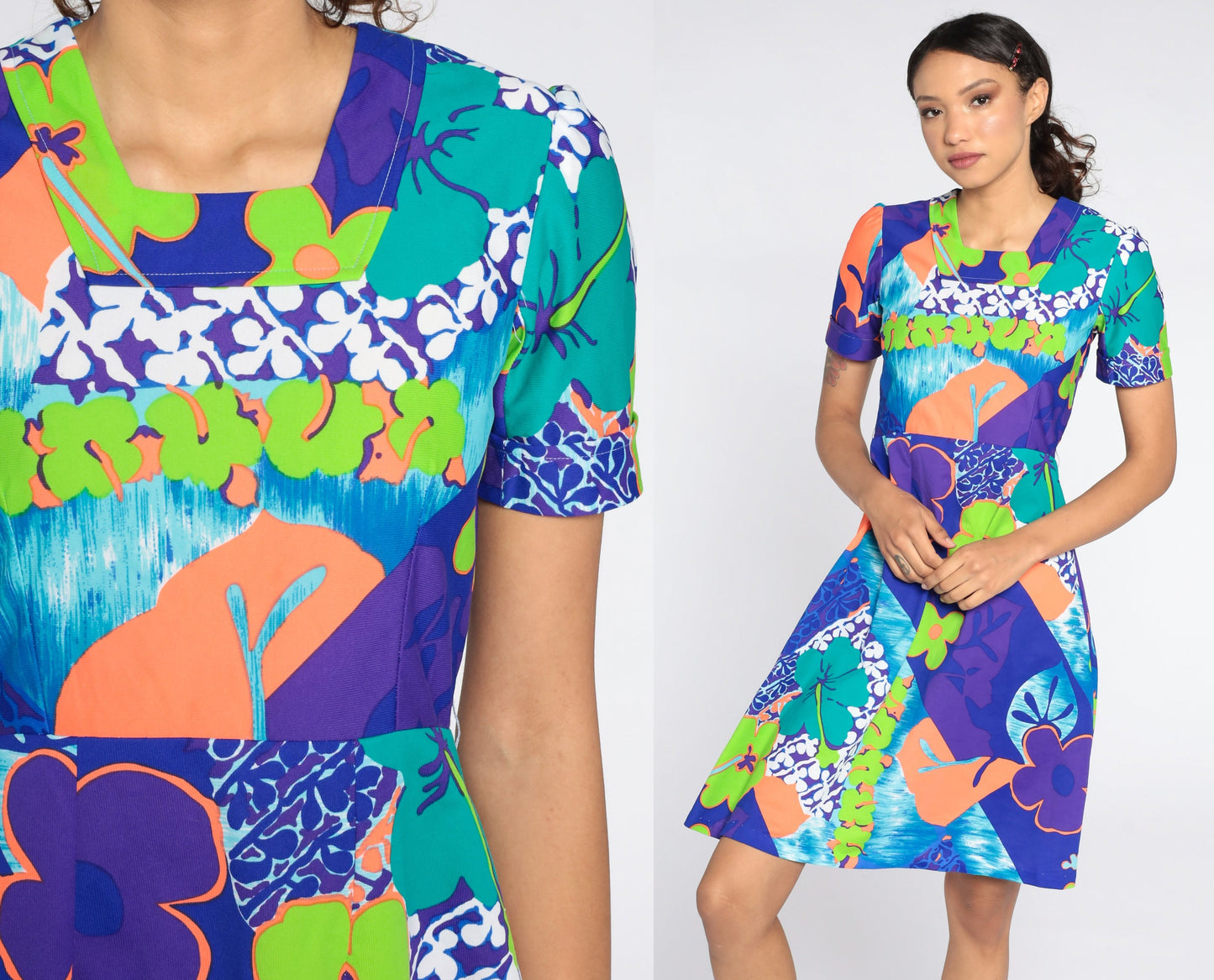 70s Floral Puff Sleeve Mini Dress Purple High Waist Knee Length Small