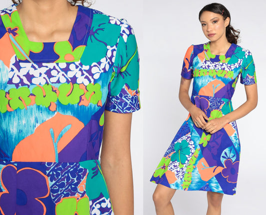 70s Floral Puff Sleeve Mini Dress Purple High Waist Knee Length Small