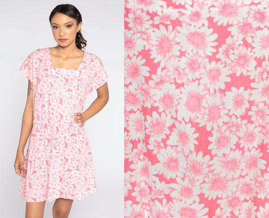80s Pink Floral Mini Dress High Waist Square Neckline Cap Sleeve Extra Large