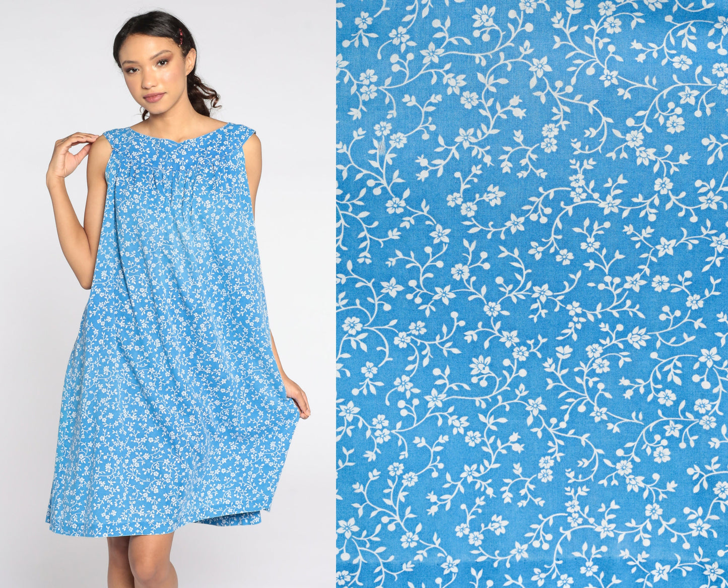 80s Blue Floral Trapeze Dress Sleeveless Knee-Length Large