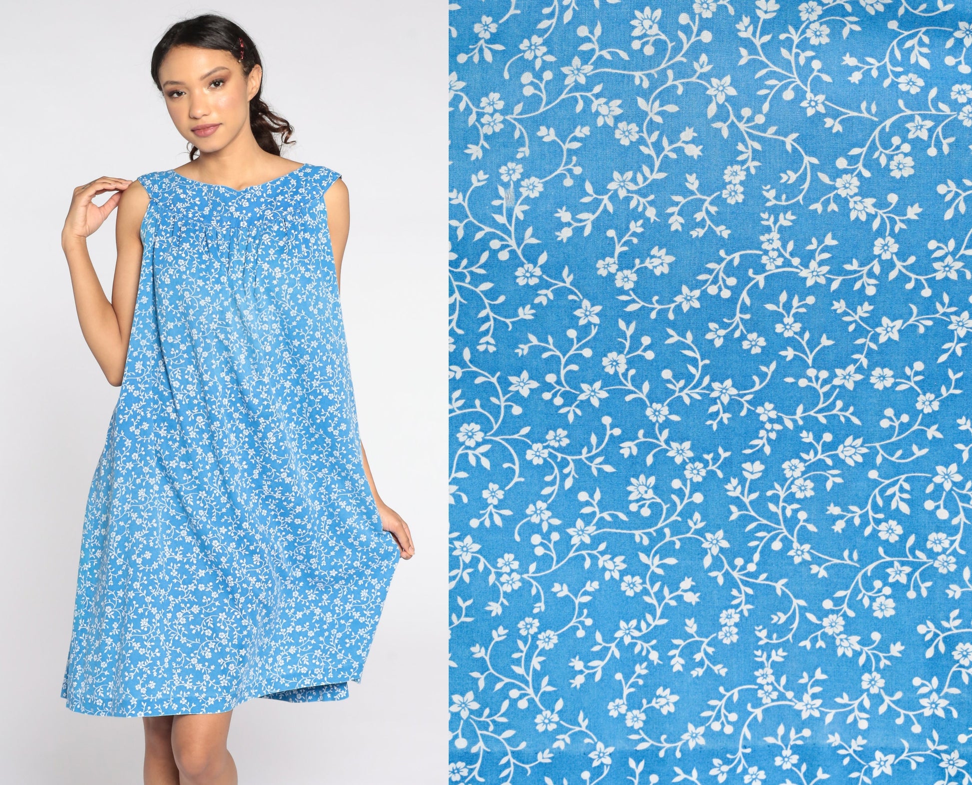 80s Blue Floral Trapeze Dress Sleeveless Knee-Length Large