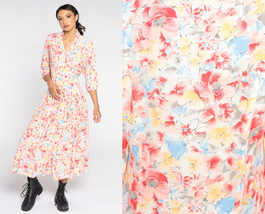 80s Floral Midi Shirtdress High Waist Button Front 3/4 Sleeve Small