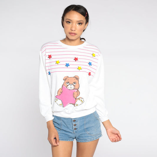 80s Teddy Bear Graphic Sweatshirt White Pink Striped Crewneck Medium