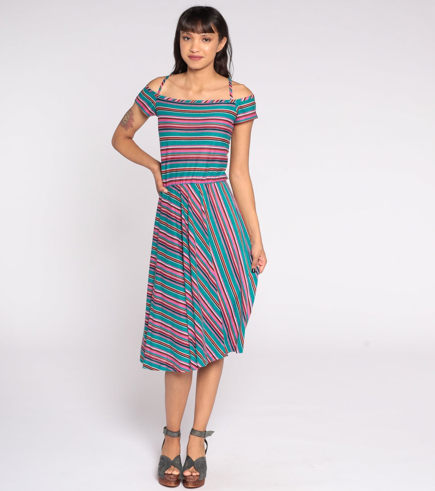70s Teal Striped Midi Dress Off-Shoulder Criss-Cross Straps Extra Small
