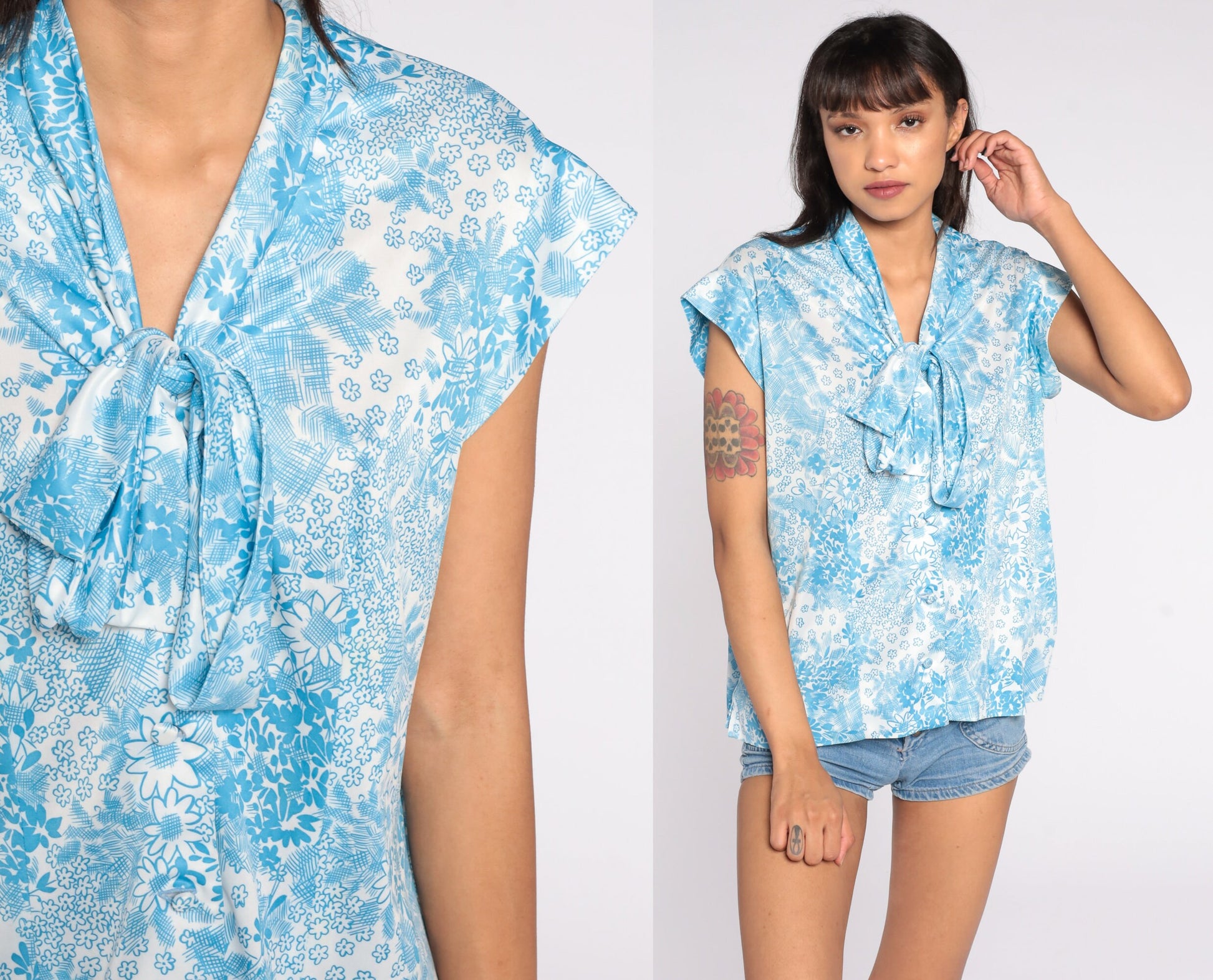 70s Floral Ascot Blouse White Blue Button-Up Short Sleeve Large L