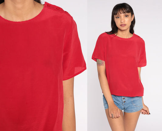 80s Red Silk Button-Up Blouse Short Sleeve Shirt Medium