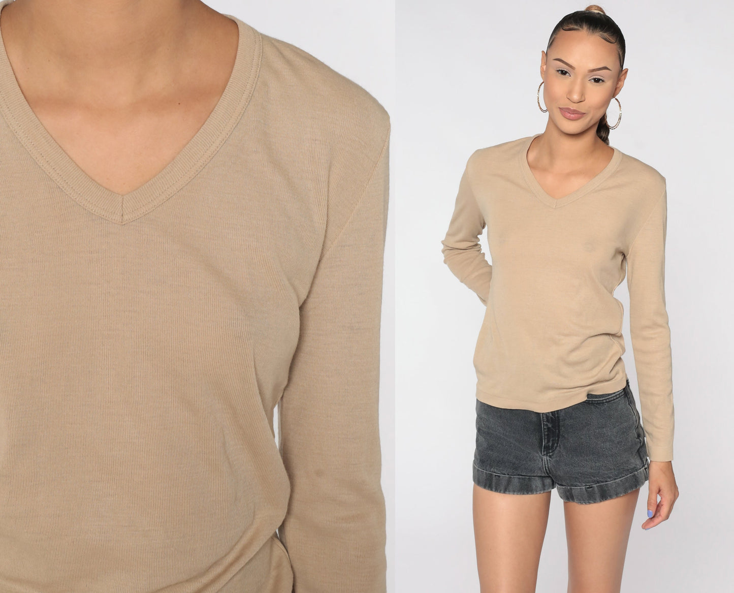 80s Tan Knit V-Neck Long Sleeve Shirt Medium