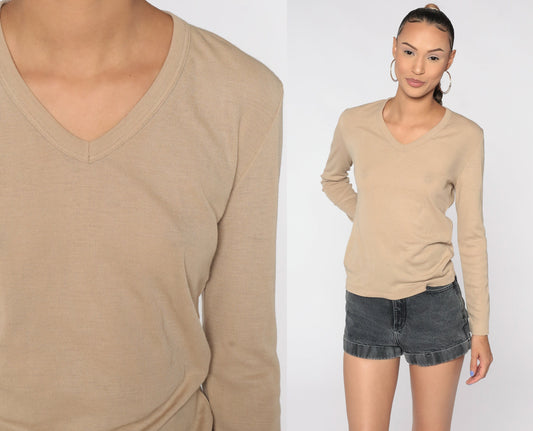 80s Tan Knit V-Neck Long Sleeve Shirt Medium