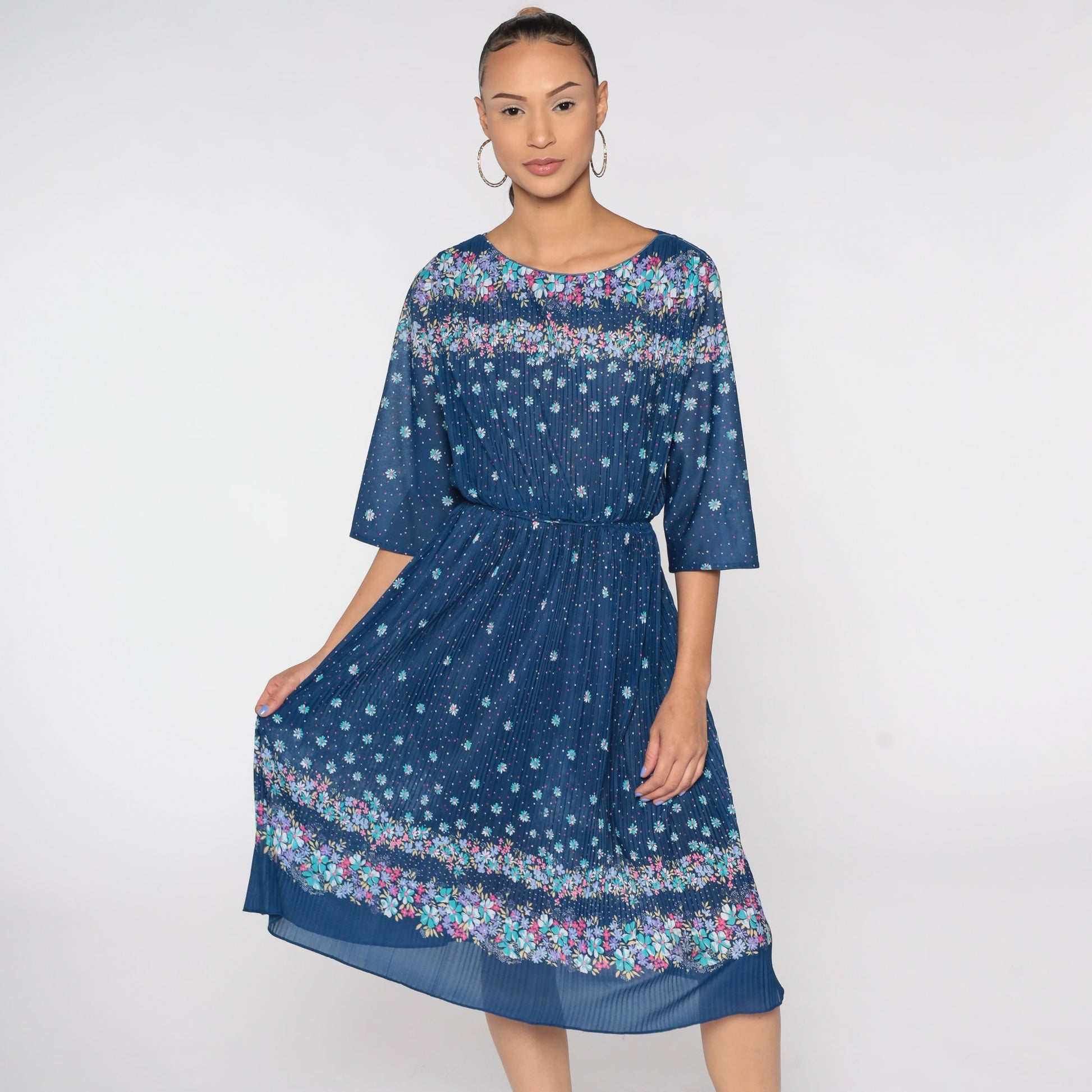 70s Floral Midi Dress Blue High Waist Knife Pleated 3/4 Sleeve Large L