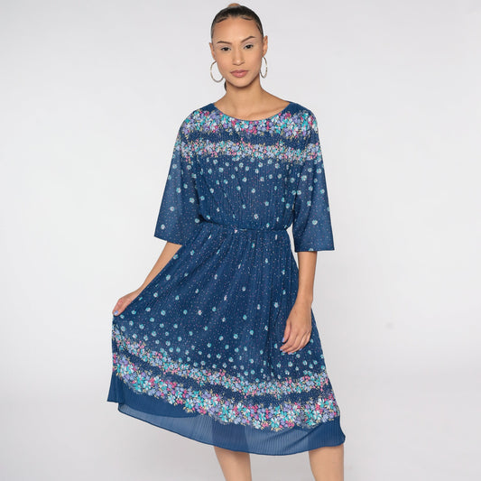 70s Floral Midi Dress Blue High Waist Knife Pleated 3/4 Sleeve Large L