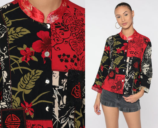 90s Floral Beaded Button Up Shirt Red Asian-Inspired Blouse Large L