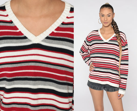 90s Red White Striped Cotton Knit V-Neck Pullover Sweater Men's Large L