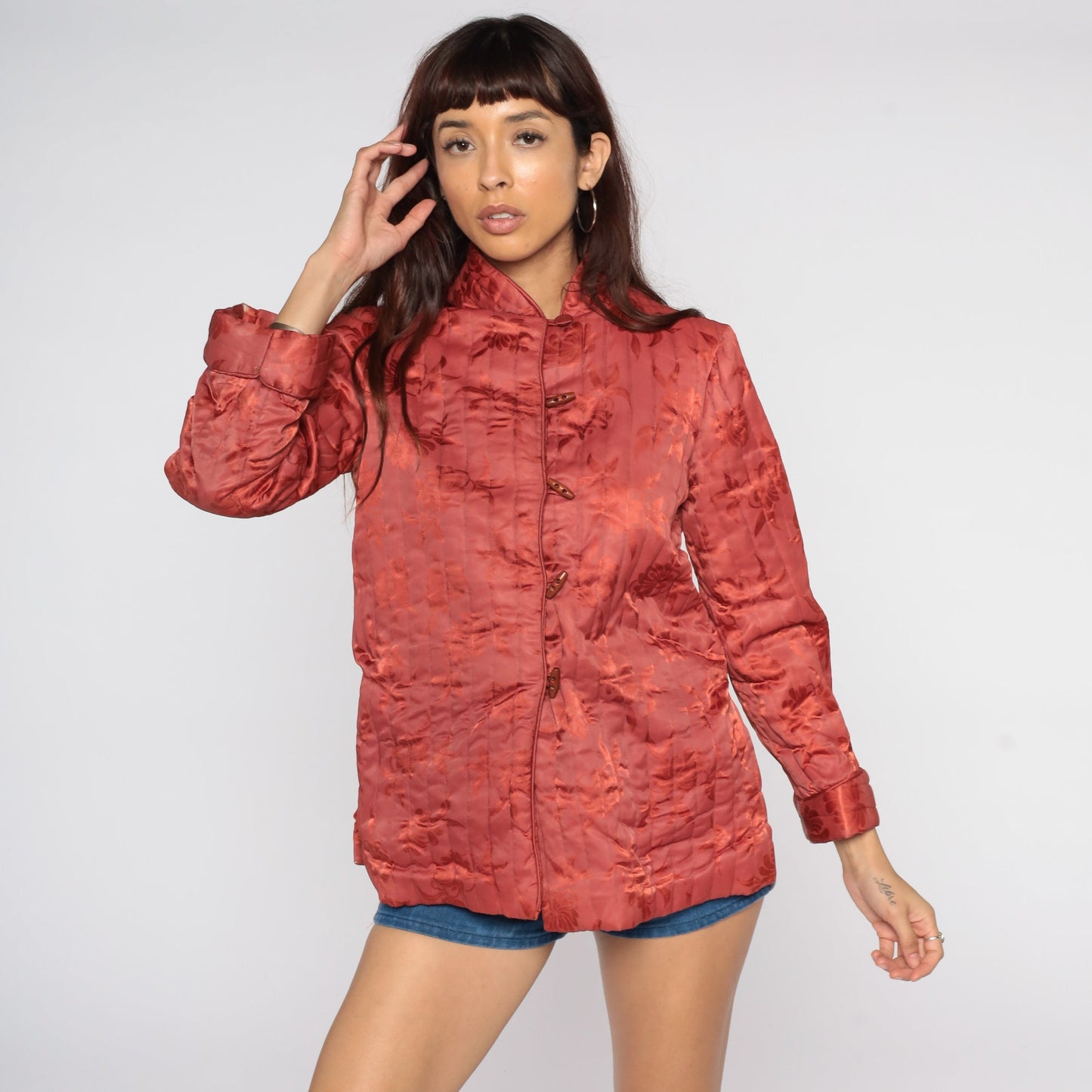70s Red Floral Quilted Jacket Toggle Button Small