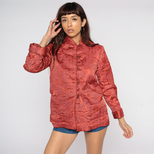 70s Red Floral Quilted Jacket Toggle Button Small