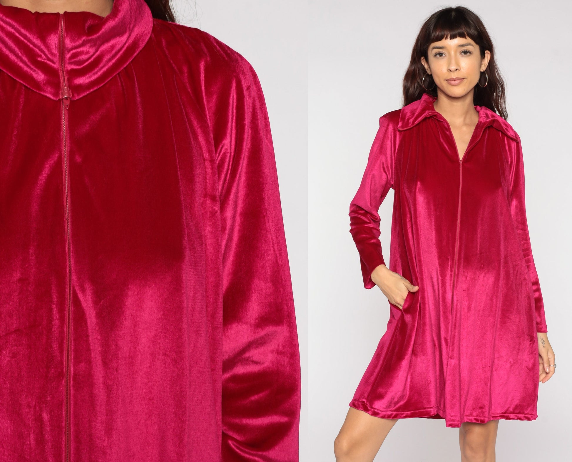 70s Deep Pink Velour Lounge Dress Mini Front Zip Long Sleeve Small