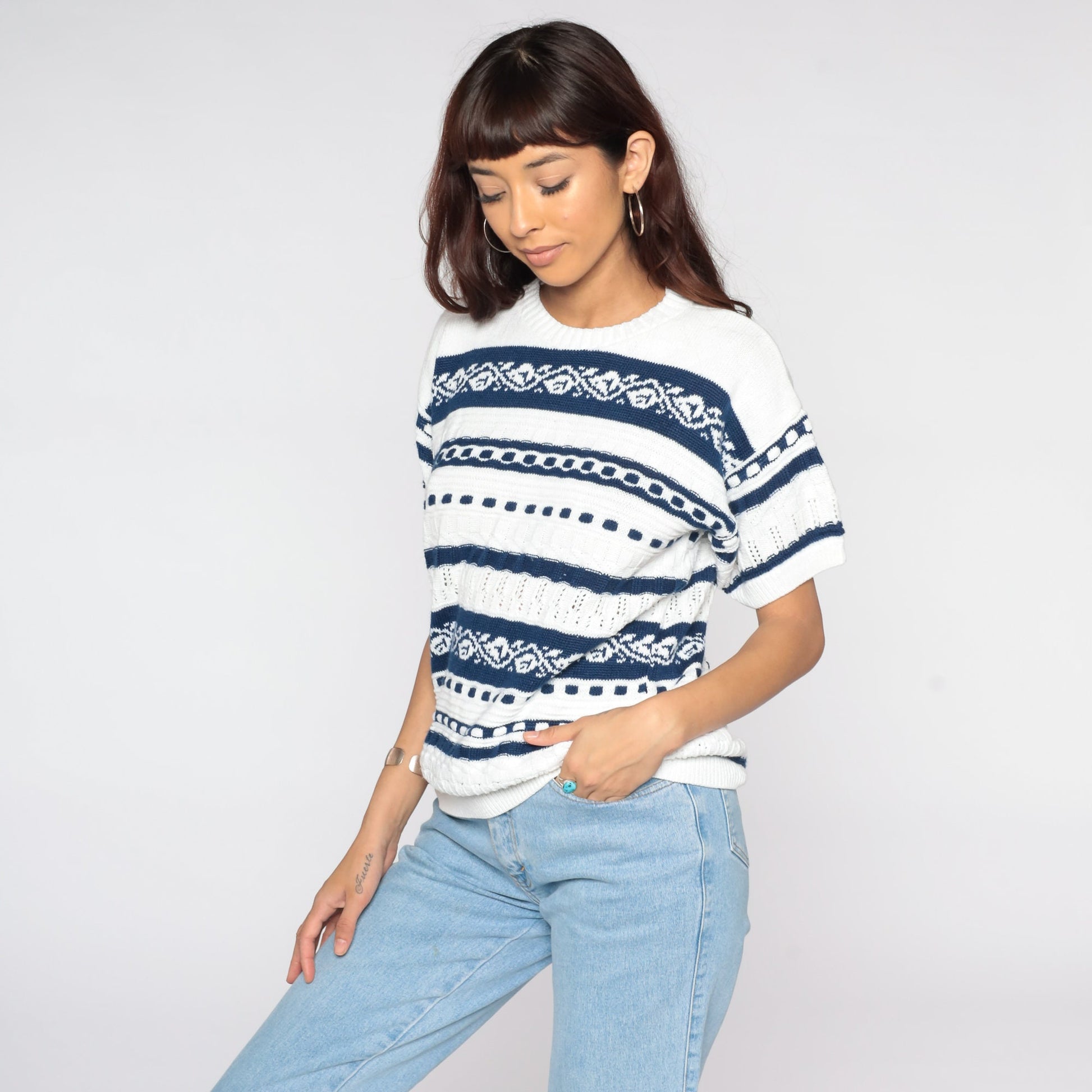 80s Knit Sweater Top White Striped Leaf Design Short Sleeve Large L