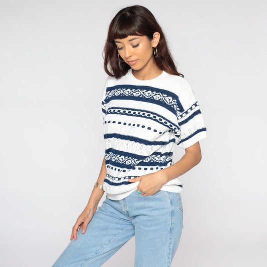 80s Knit Sweater Top White Striped Leaf Design Short Sleeve Large L