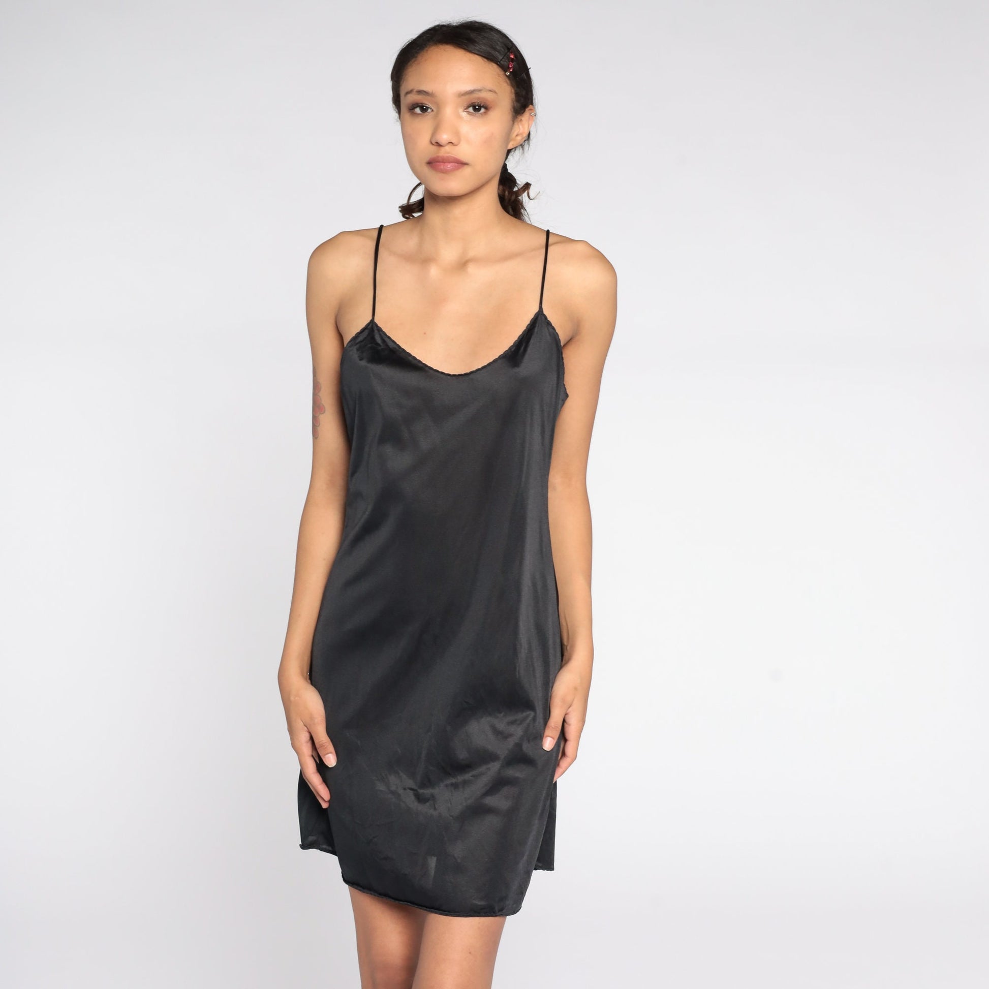 Y2K Black Slip Dress Spaghetti Strap Nightgown 00s Vintage Medium