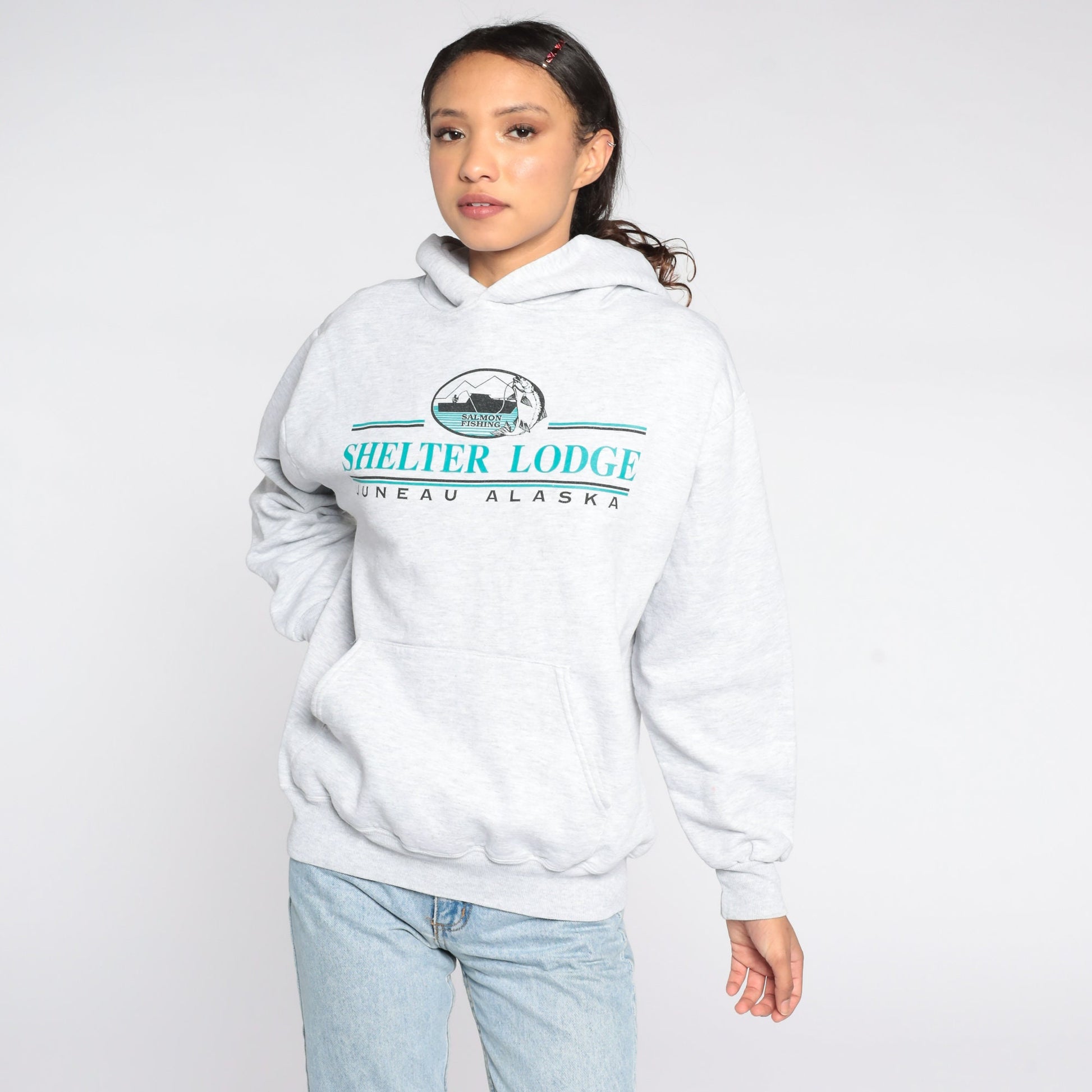 90s Shelter Fishing Lodge Juneau Alaska Hoodie Sweatshirt Jerzees Medium