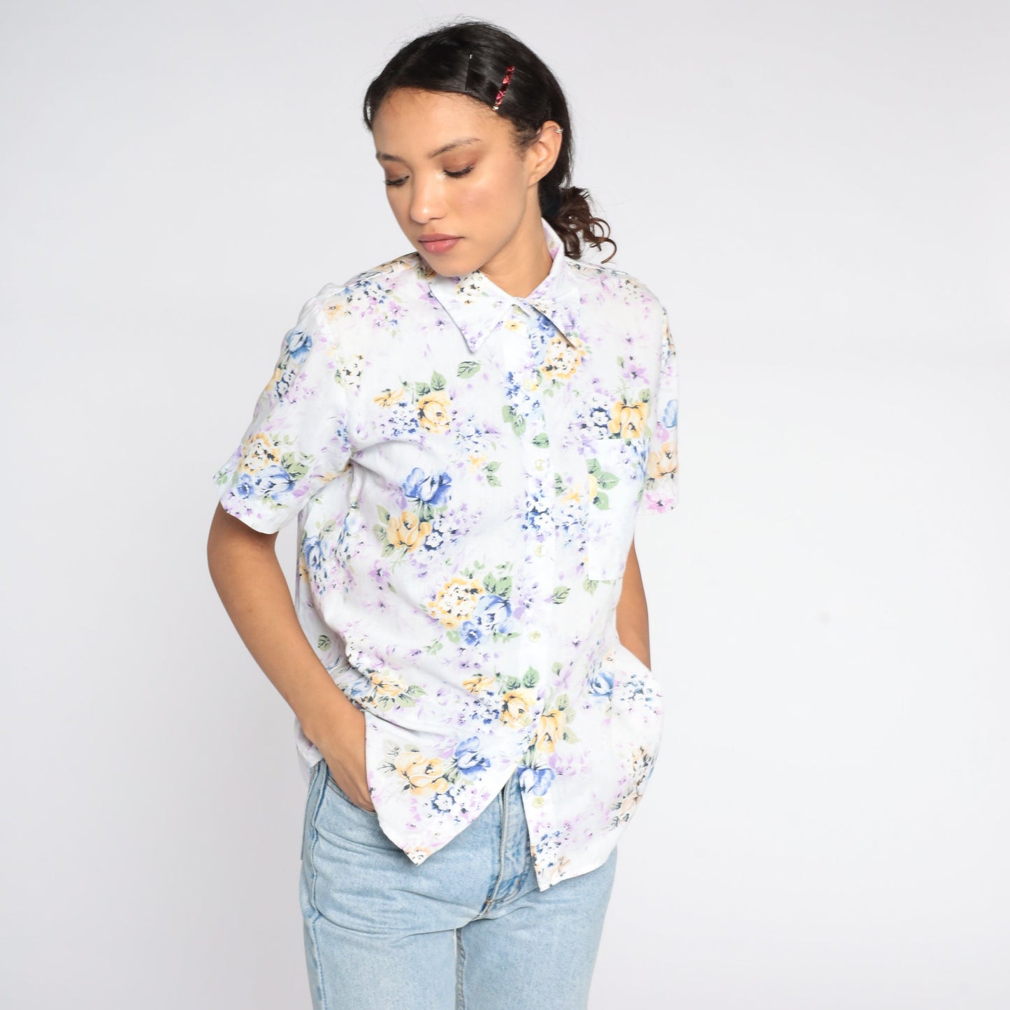 90s Blue Floral Button-Up Shirt Short Sleeve Cotton Blouse Small Petite