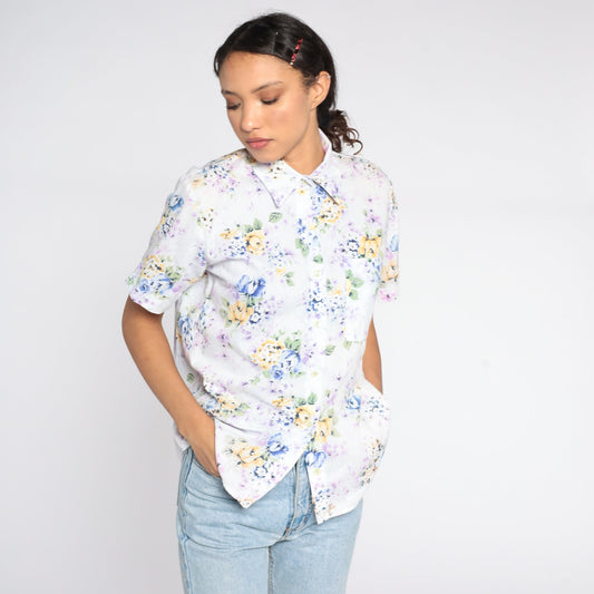 90s Blue Floral Button-Up Shirt Short Sleeve Cotton Blouse Small Petite