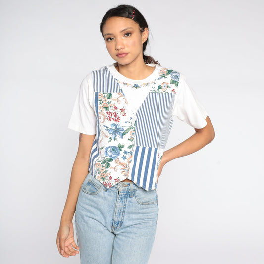 90s Floral T-Shirt White Graphic Tee Attached Vest Cotton Small Petite