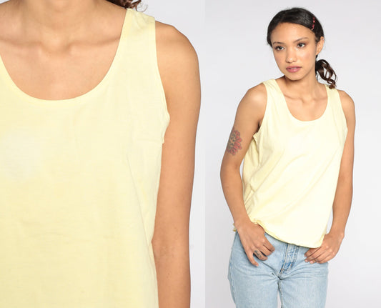 80s Yellow Tank Top Single Stitch Cotton Sleeveless Tee Medium