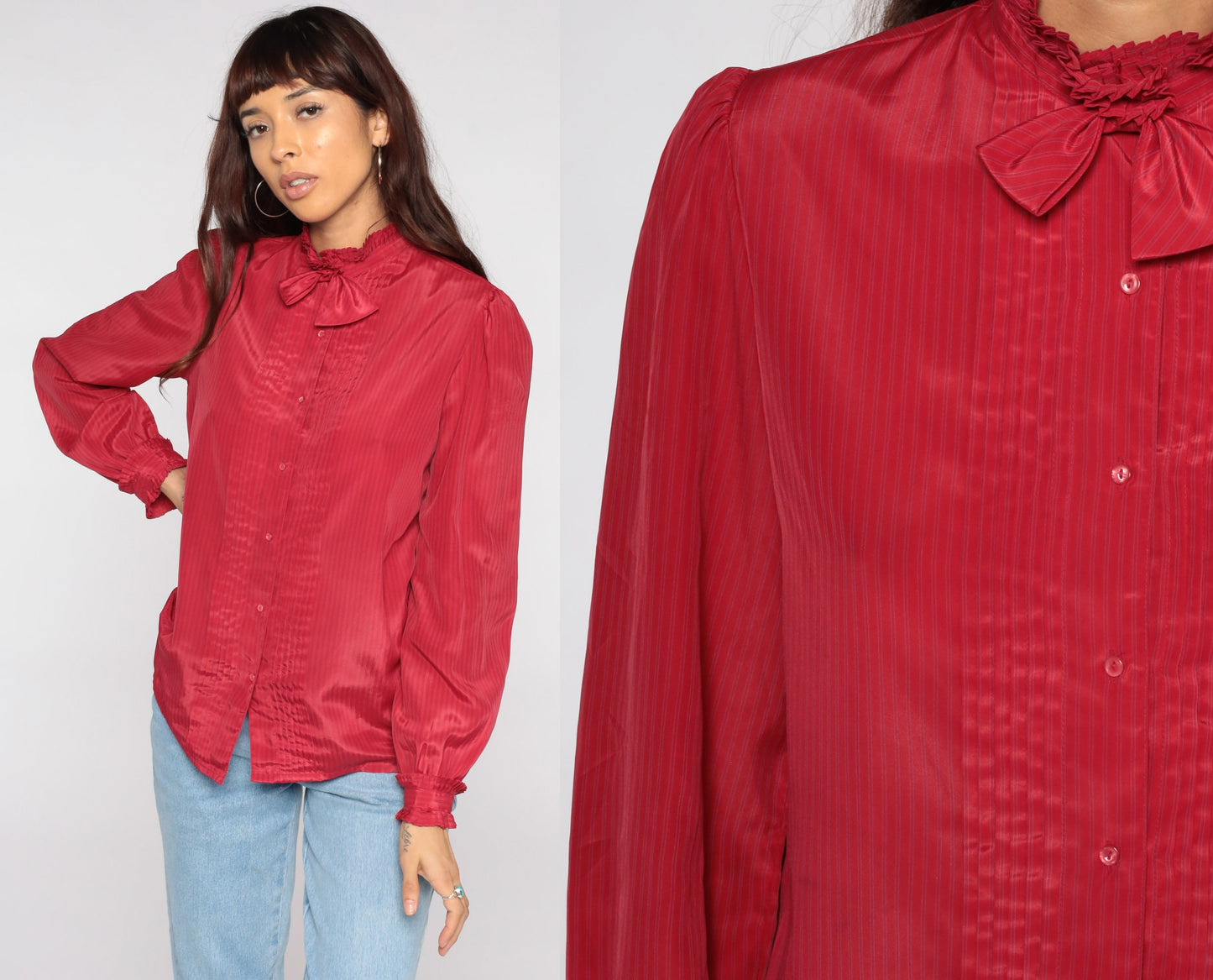 80s Red Pinstriped Necktie Blouse Puff Sleeve Button Up Medium