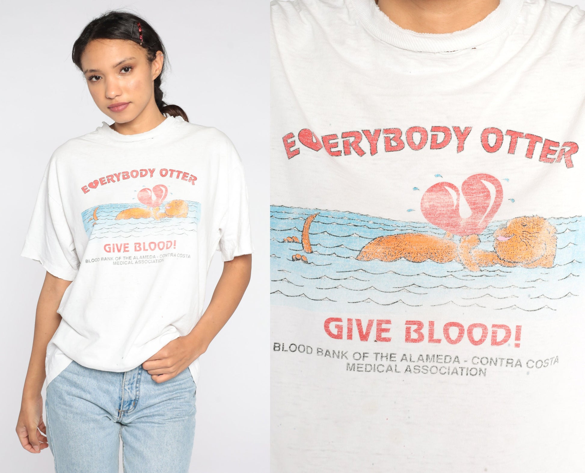80s Give Blood Otter Pun Graphic T-Shirt Distressed Cotton Medium